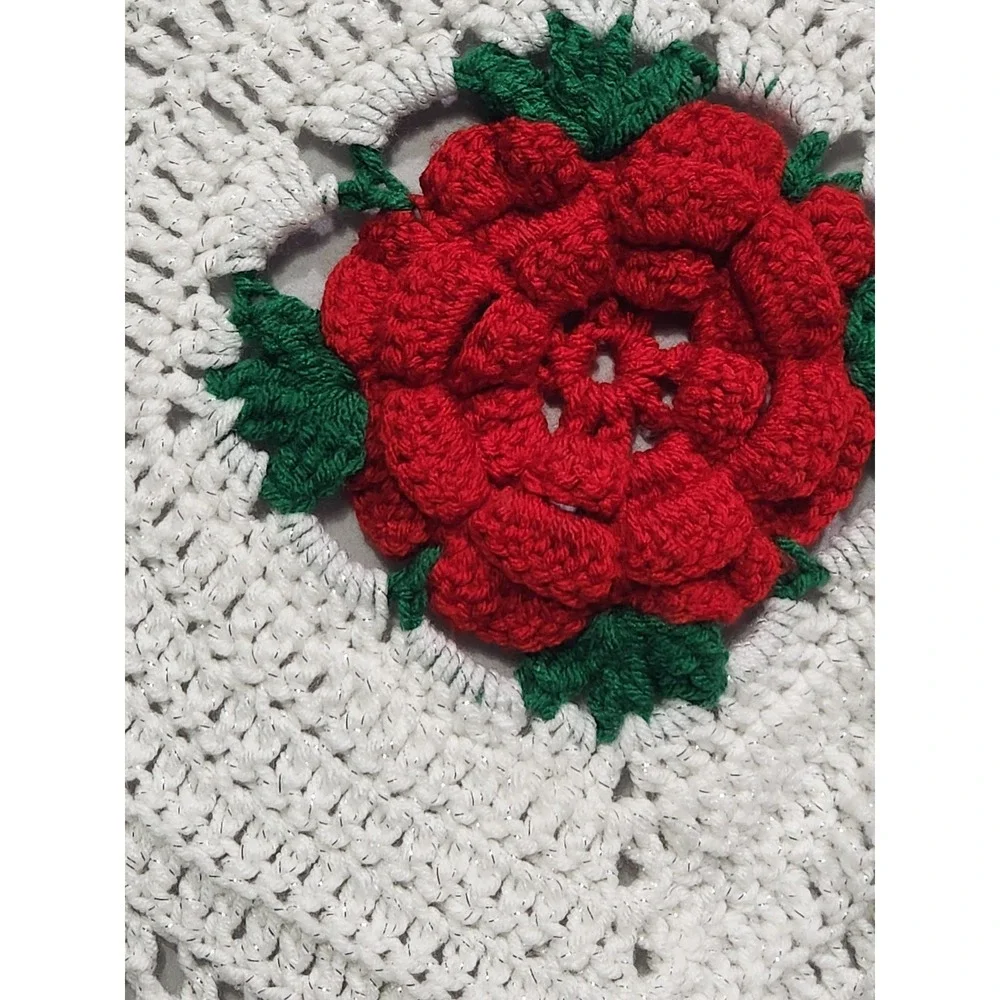 Handmade Crocheted Christmas Holiday Scarf‎ Shawl Wrap 3D Red Rose Grannycore